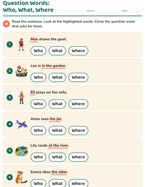 Preview of Question Words worksheet for grade 1