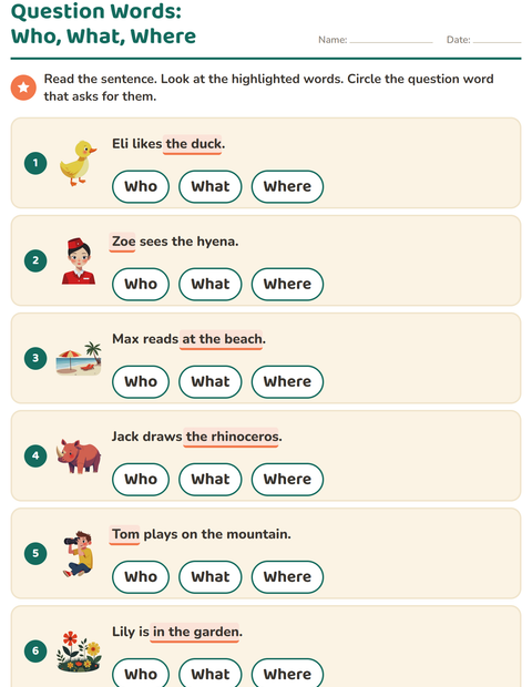 Preview of Question Words worksheet for grade 1