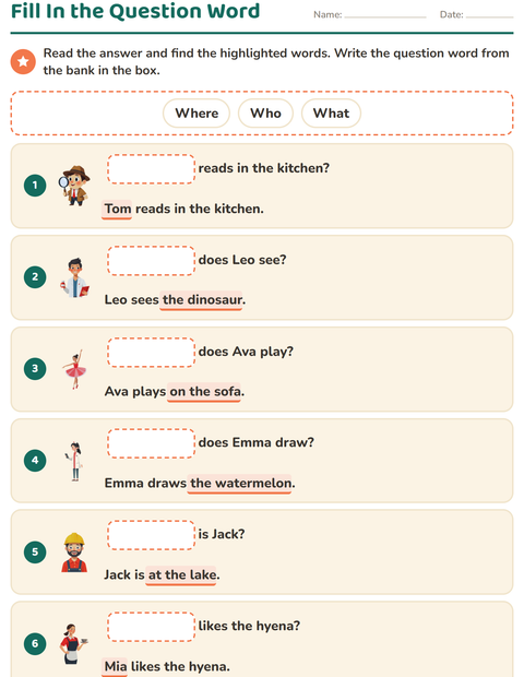 Preview of Question Words worksheet for grade 1