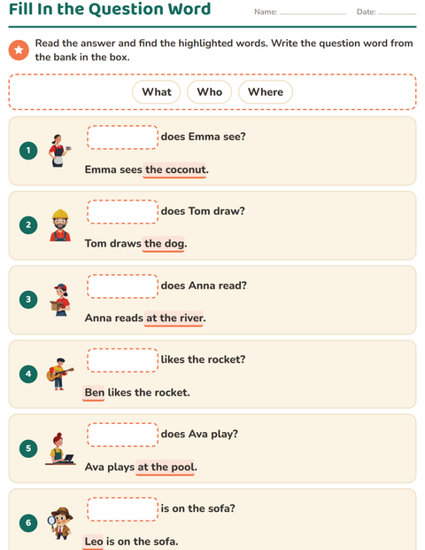Preview of Question Words worksheet for grade 1