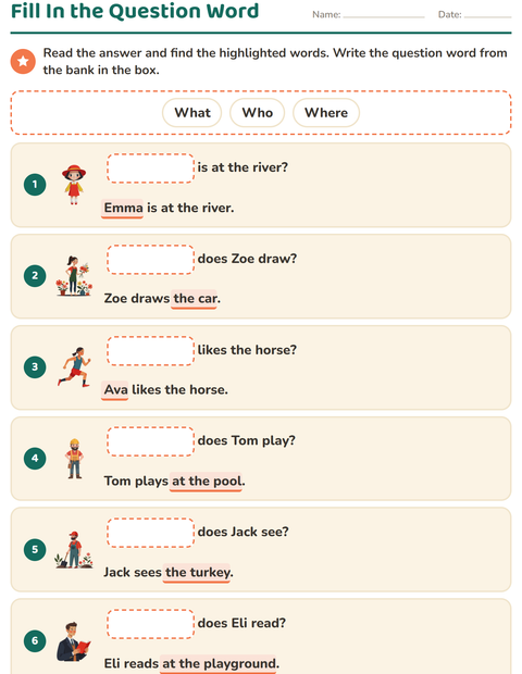 Preview of Question Words worksheet for grade 1