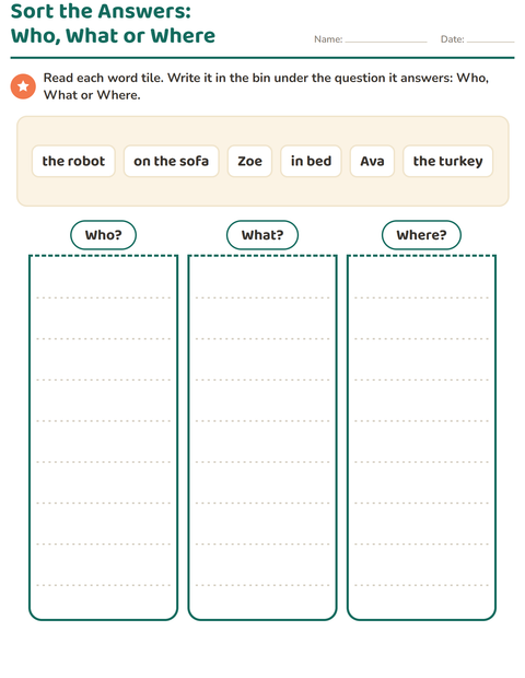 Preview of Question Words worksheet for grade 1