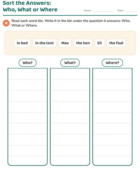 Preview of Question Words worksheet for grade 1