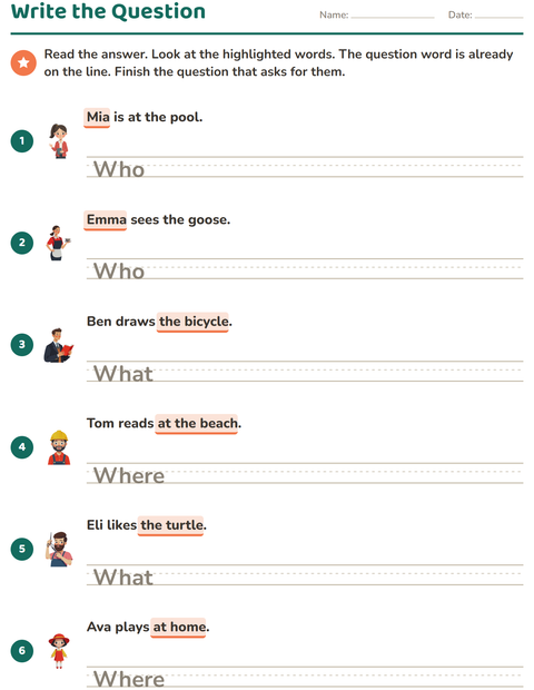 Preview of Question Words worksheet for grade 2