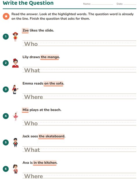 Preview of Question Words worksheet for grade 2