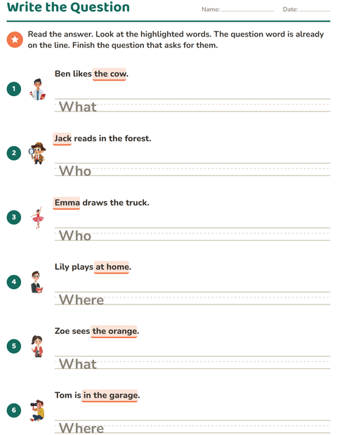 Preview of Question Words worksheet for grade 2