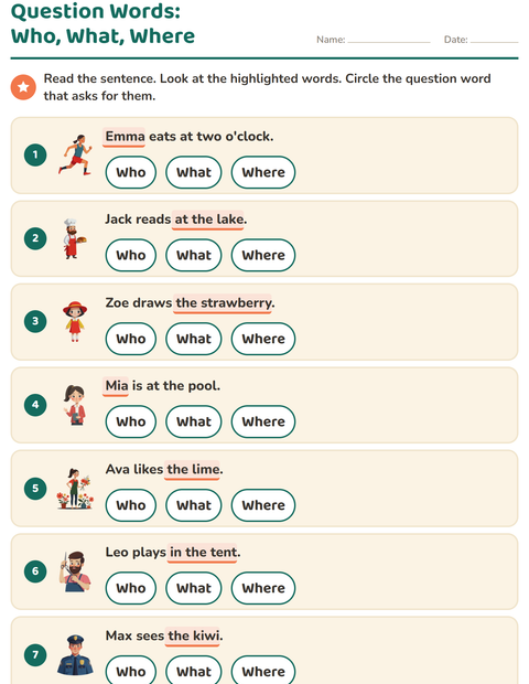 Preview of Question Words worksheet for grade 1
