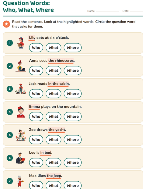 Preview of Question Words worksheet for grade 1