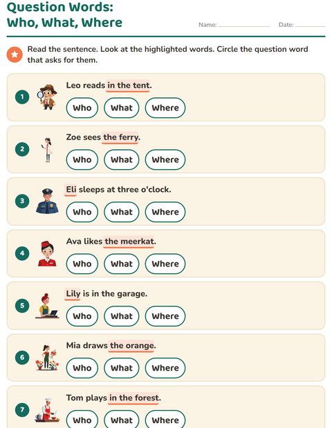 Preview of Question Words worksheet for grade 1