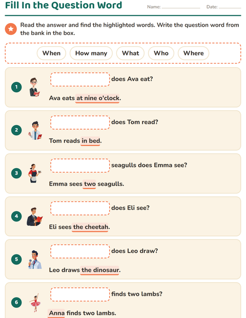 Preview of Question Words worksheet for grade 1