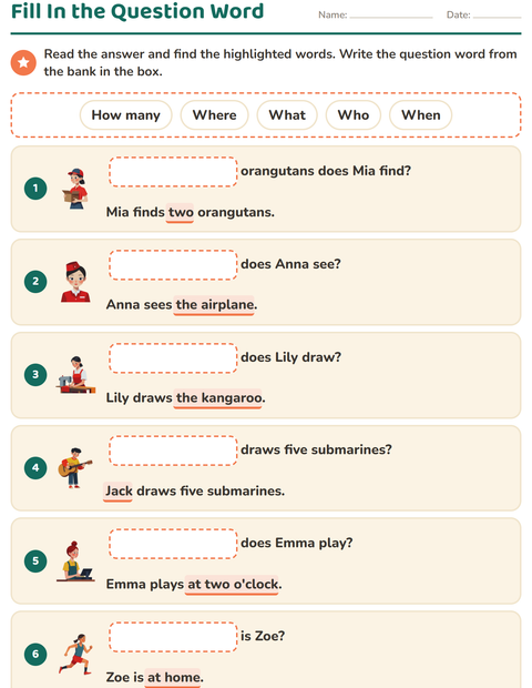 Preview of Question Words worksheet for grade 1