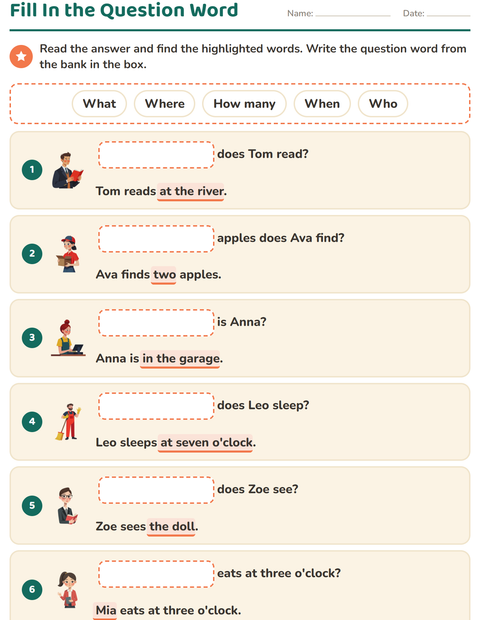 Preview of Question Words worksheet for grade 1