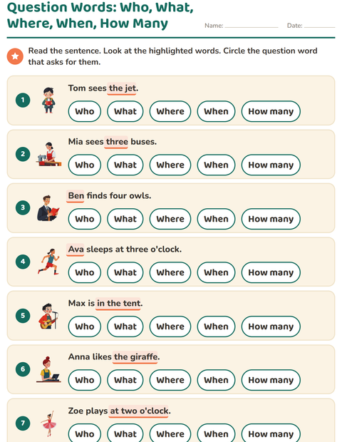 Preview of Question Words worksheet for grade 1