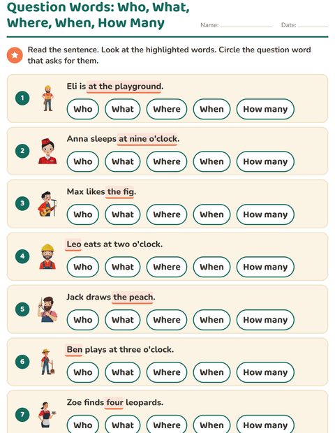 Preview of Question Words worksheet for grade 1