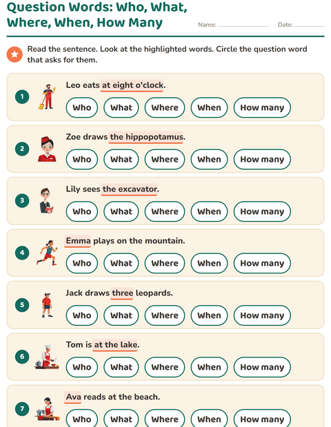 Preview of Question Words worksheet for grade 1