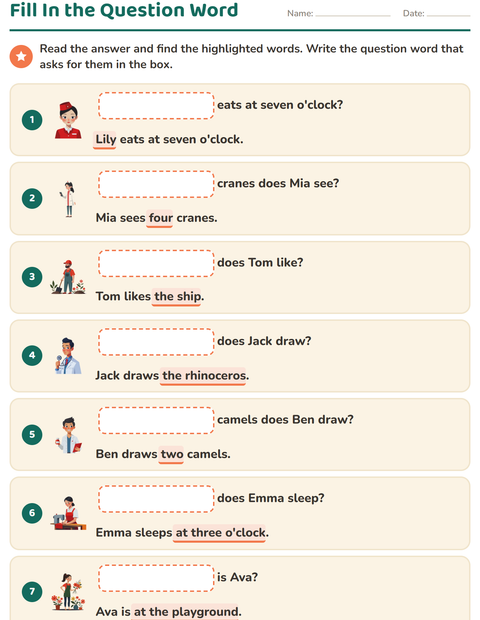 Preview of Question Words worksheet for grade 1