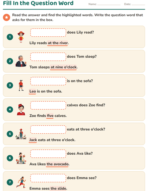 Preview of Question Words worksheet for grade 1
