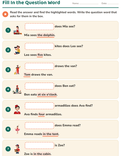Preview of Question Words worksheet for grade 1