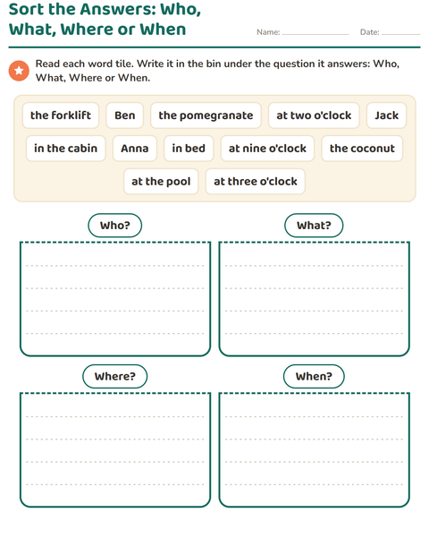 Preview of Question Words worksheet for grade 1