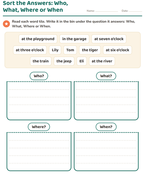 Preview of Question Words worksheet for grade 1