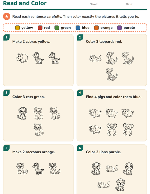 Preview of Read and Color worksheet featuring Animals BW 2 for grade 1