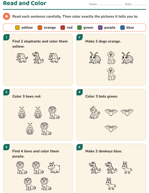 Preview of Read and Color worksheet featuring Animals BW 3 for grade 1