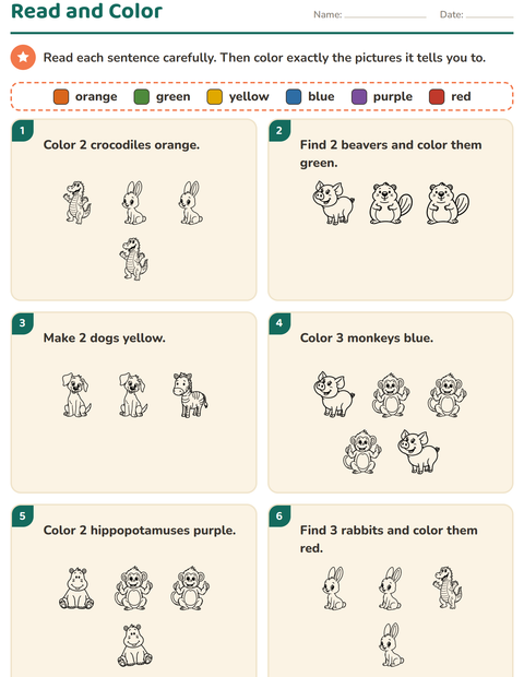 Preview of Read and Color worksheet featuring Animals BW 4 for grade 1