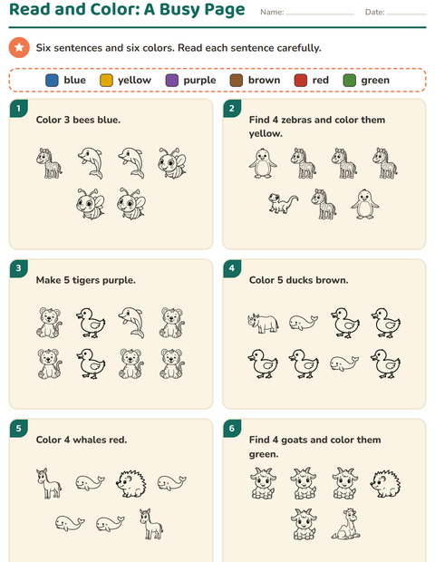 Preview of Read and Color worksheet featuring Animals BW 5 for grade 1