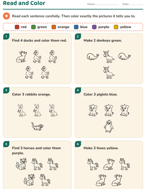 Preview of Read and Color worksheet featuring Animals BW for grade 1
