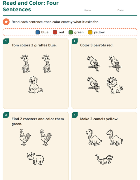 Read and Color: Four Sentences, Four Colors