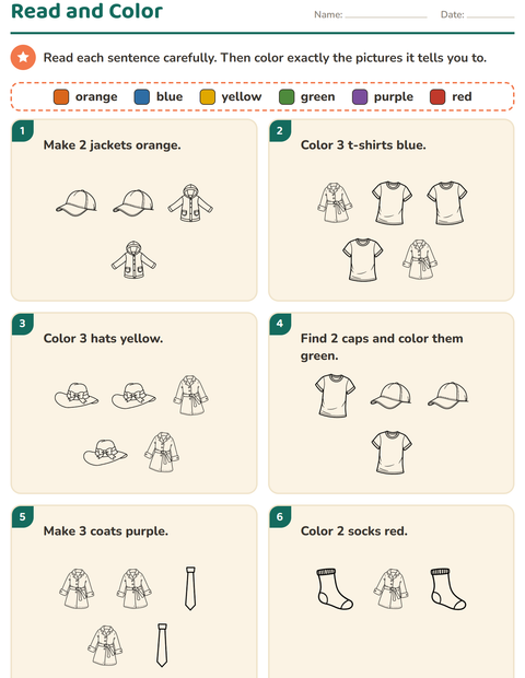 Preview of Read and Color worksheet featuring Apparel BW for grade 1