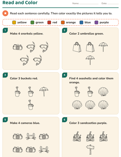 Preview of Read and Color worksheet featuring Beach BW 2 for grade 1