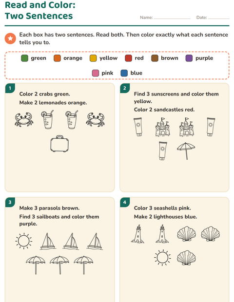 Preview of Read and Color worksheet featuring Beach BW for grade 1