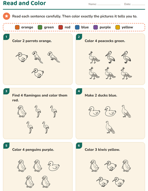 Preview of Read and Color worksheet featuring Birds BW for grade 1