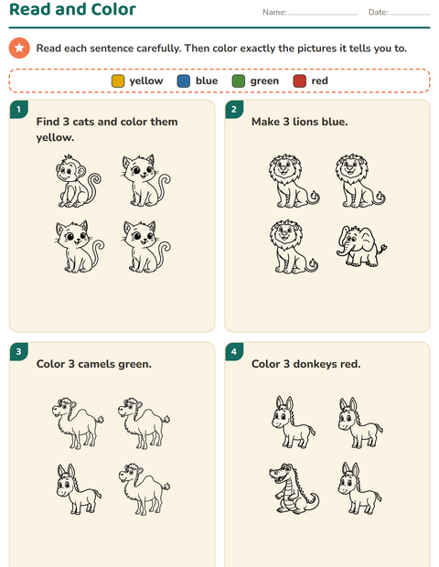 Preview of Read and Color worksheet featuring Animals BW 3 for grade 1