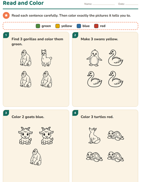 Preview of Read and Color worksheet featuring Animals BW 5 for grade 1