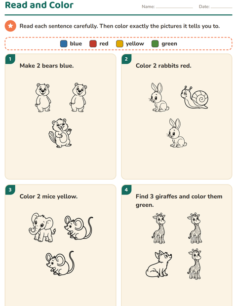 Preview of Read and Color worksheet featuring Animals BW for grade 1