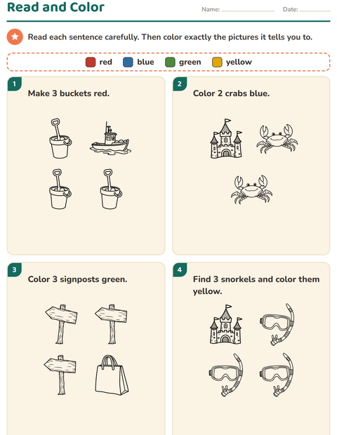 Preview of Read and Color worksheet featuring Beach BW 2 for grade 1