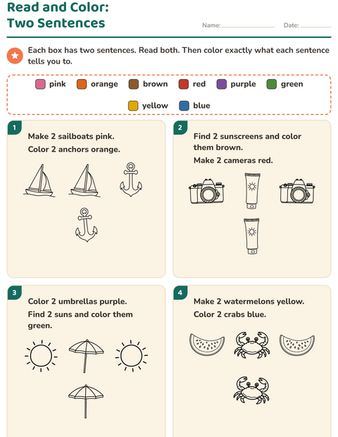 Preview of Read and Color worksheet featuring Beach BW for grade 1