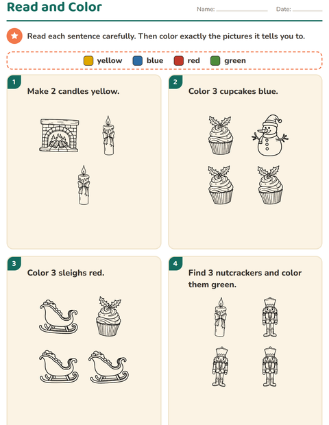 Preview of Read and Color worksheet featuring Christmas B&W 2 for grade 1