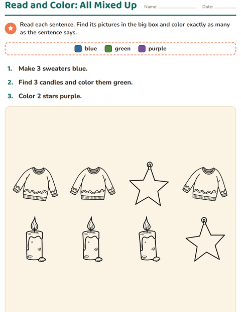 Preview of Read and Color worksheet featuring Christmas B&W for grade 1