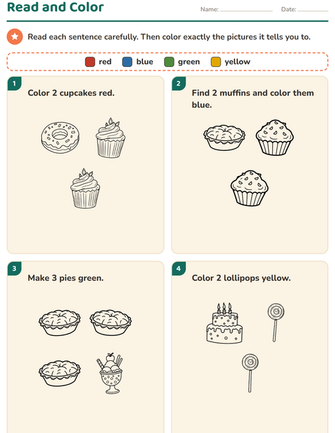 Preview of Read and Color worksheet featuring Dessert (B&W) for grade 1