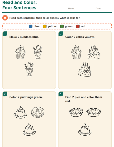 Preview of Read and Color worksheet featuring Dessert (B&W) for grade 1
