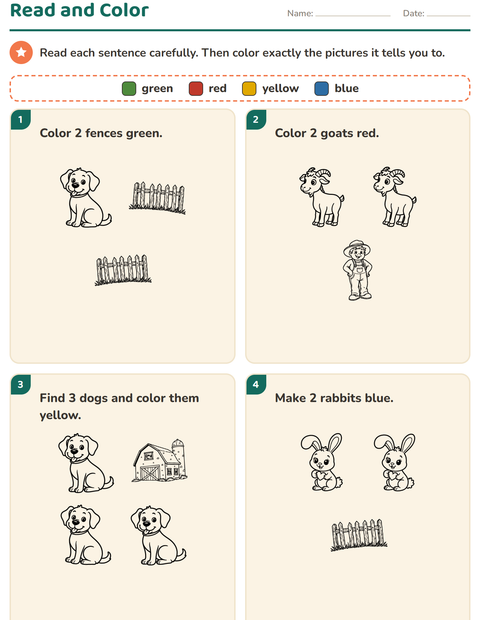 Preview of Read and Color worksheet featuring Farm BW for grade 1