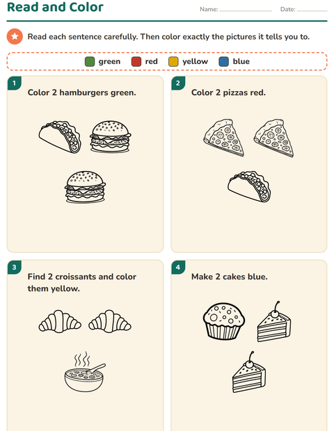 Preview of Read and Color worksheet featuring Food BW 2 for grade 1