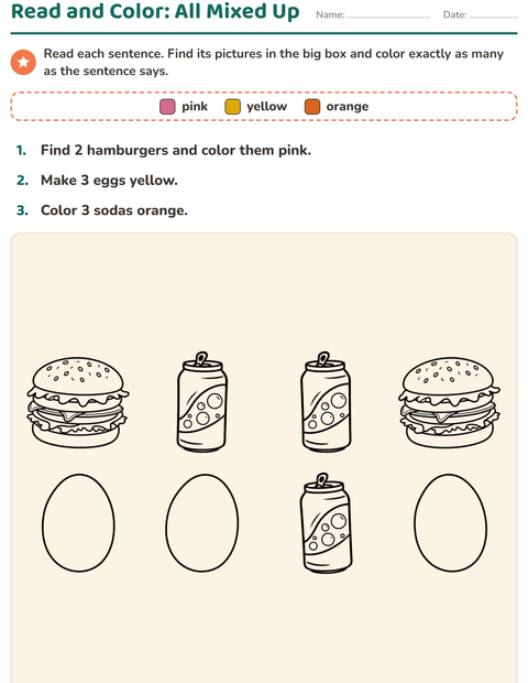 Preview of Read and Color worksheet featuring Food BW 3 for grade 1