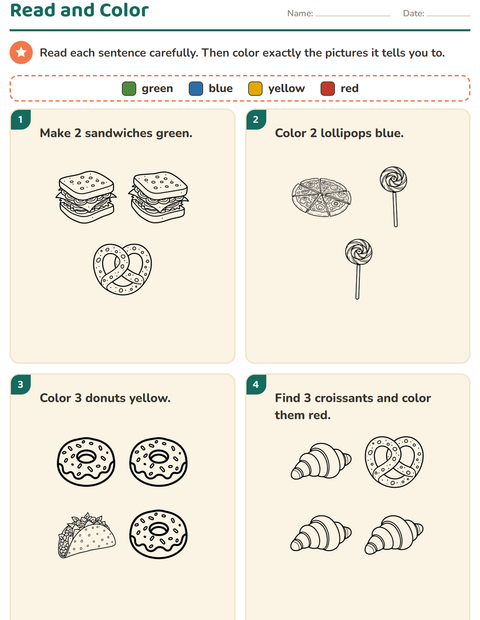 Preview of Read and Color worksheet featuring Food BW for grade 1