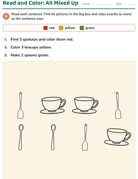Preview of Read and Color worksheet featuring Kitchen BW for grade 1