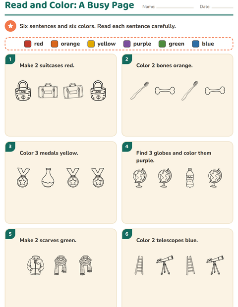 Preview of Read and Color worksheet featuring Objects BW for grade 1