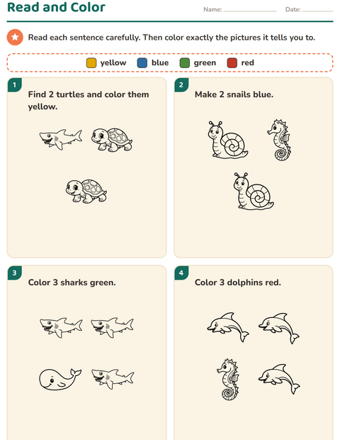 Preview of Read and Color worksheet featuring Sea Life BW 2 for grade 1